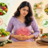 Woman experiencing stomach bloating after eating raw salad, comparing raw and cooked foods for better digestion.