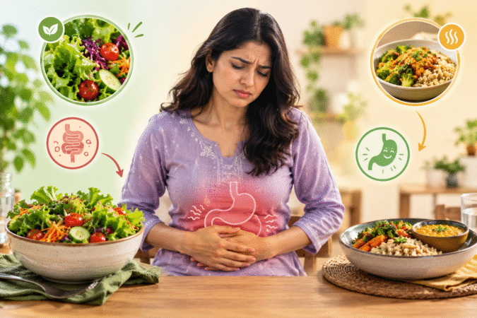 Woman experiencing stomach bloating after eating raw salad, comparing raw and cooked foods for better digestion.